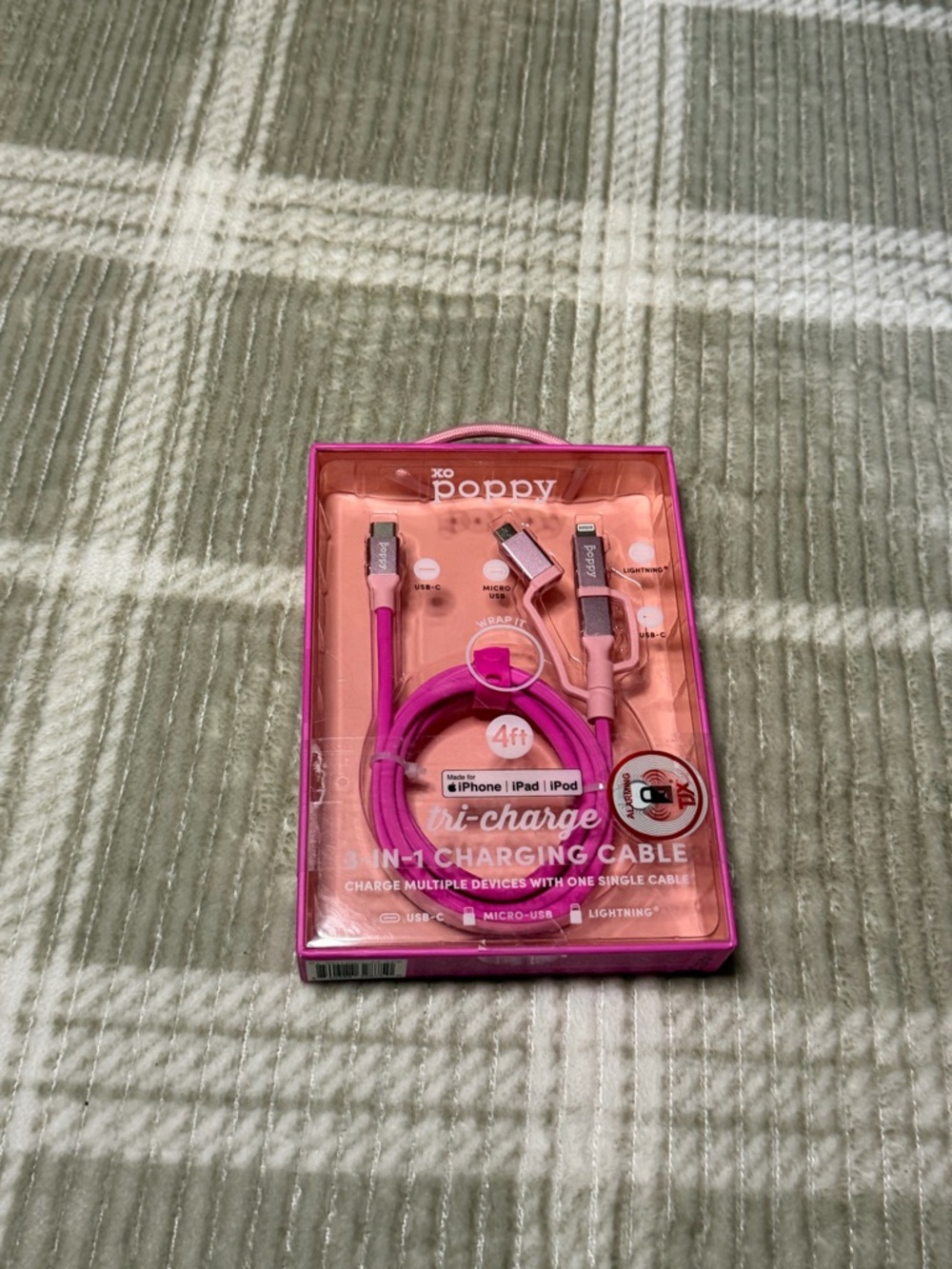 XO POPPY 3-in-1 Charging Cable - Pink 4ft